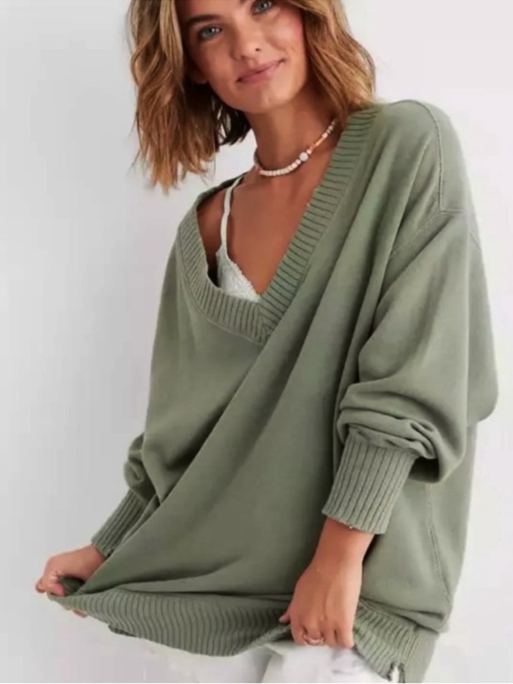 Aerie Oversized Comfy Go-To V-Neck Sweatshirt Sage Green M